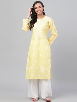 ADA - Hand Embroidered Yellow Cotton Lucknow Chikan Kurta [A208470]