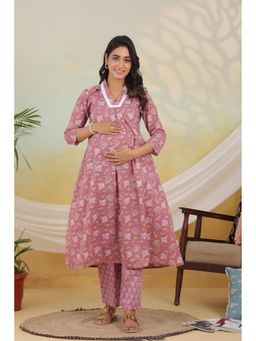 Ikk Kudi By Seerat - Womens Pink Floral Maternity and Nursing Cotton Co-Ord Set