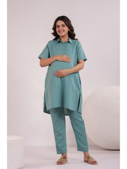 Ikk Kudi By Seerat - Womens Blue Solid Maternity and Nursing Cotton Co-Ord Set