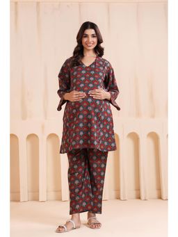 Ikk Kudi By Seerat - Womens Blue and Red Maternity and Nursing Cotton Co-Ord Set
