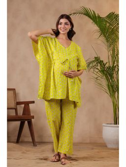 Ikk Kudi By Seerat - Womens Lemon Yellow Booti Maternity and Nursing Cotton Co-Ord Set