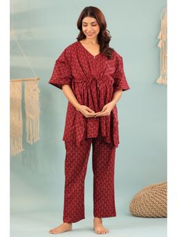 Ikk Kudi By Seerat - Womens Maroon Booti Maternity and Nursing Cotton Co-Ord Set