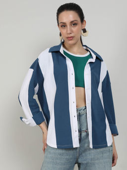 PINACOLADA - Women's Cobalt Blue & Powder White Boxy Striped Shirt