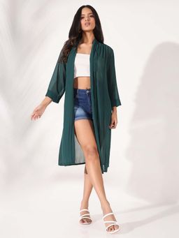 SHOWOFFFF - Women Green Solid Longline Shrug