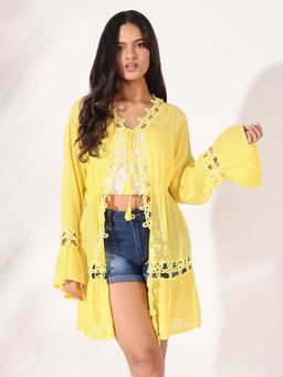 SHOWOFFFF - Women Yellow Solid Longline Shrug