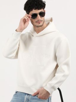 Calvin Klein - Off White Embroidered Logo Relaxed Fit Polyester Hoodie