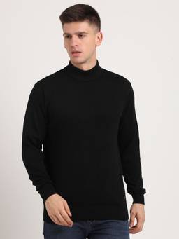 Turtle - Men Solid Full Sleeve Black Knitted Sweatshirt