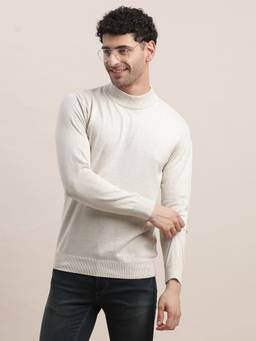 Turtle - Men White Solid Regular Fit Full Sleeve Knitted Sweatshirt