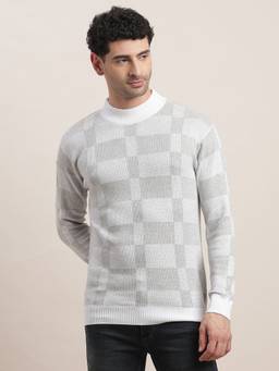 Turtle - Men Grey Checkered Regular Fit Full Sleeve Knitted Sweatshirt