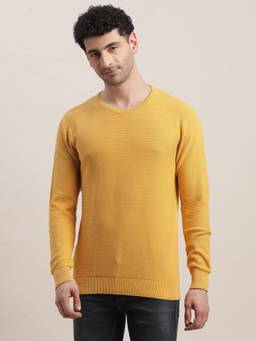 Turtle - Men Yellow Textured Regular Fit Full Sleeve Knitted Sweatshirt