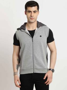 Turtle - Men Solid Sleeveless Grey Cotton Stretch Hooded Hoodie