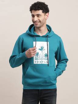 Turtle - Men Celestial Blue Printed Regular Fit Full Sleeve Knitted Hooded Hoodie