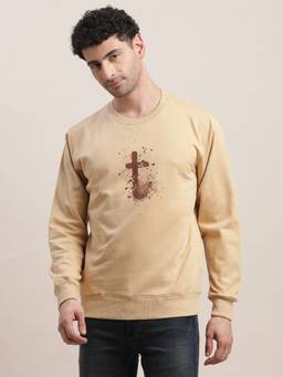 Turtle - Men Beige Printed Regular Fit Full Sleeve Knitted Sweatshirt