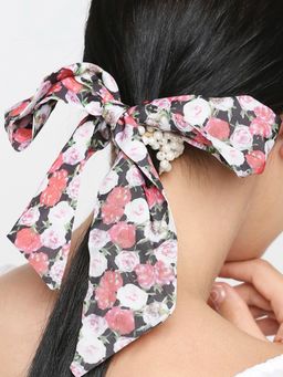 OOMPH - Pink Satin and Pearls Scarf Scrunchy Rubber Band Hair Tie Ponytail