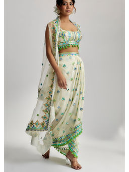 Gopi Vaid - Amina Ivory Drape Blouse with Skirt and Cape