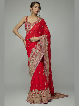 Gopi Vaid - Red Golconda Imroz Wrap Pre-Draped Saree with Stitched Blouse