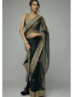 Gopi Vaid - Black Golconda Maahi Organza Saree with Stitched Blouse