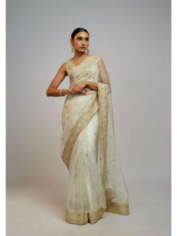 Gopi Vaid - White Golconda Maahi Organza Embroidered Saree with Stitched Blouse