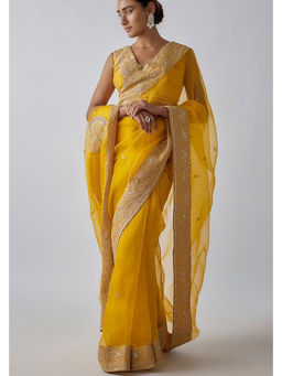 Gopi Vaid - Yellow Golconda Maahi Organza Saree with Stitched Blouse