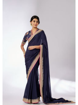 Gopi Vaid - Navy Blue Anisha Embroider Saree with Stitched Blouse and Petticoat
