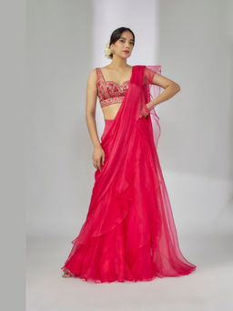 Gopi Vaid - Pink Richa Ruffle Pre-Draped Saree with Stitched Blouse