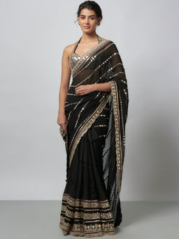 Gopi Vaid - Black Aradhana Pre-Pleated Saree with Stitched Blouse