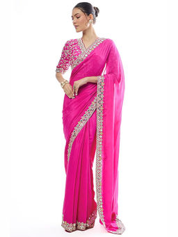 Gopi Vaid - Rani Pink Meili Saree with Stitched Blouse