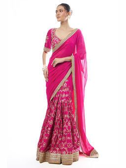 Gopi Vaid - Pink Ruqqayah Saree with Stitched Blouse