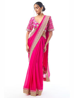 Gopi Vaid - Pink Hunr Saree with Stitched Blouse