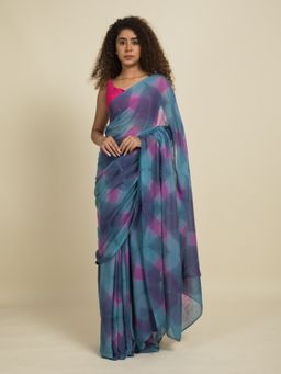 Suta - Blue and Pink Handcrafted Shibori Cotton Saree