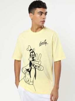 Bewakoof - Official Disney Men's Yellow Peace out Goofy Graphic Printed Oversized T-shirt