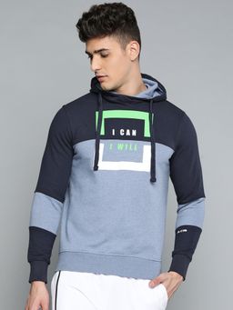 Alcis - Men Blue Colour Blocked Hooded Sweatshirt With Print Detail