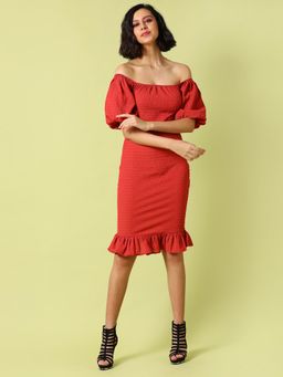 PINACOLADA - Women Textured Shoulder Off Stylish Casual Dresses