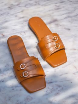 Devano - Double Buckle Slip-On Tan Flats