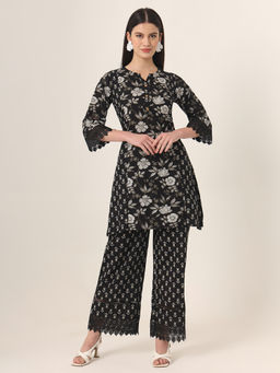 Yufta - Black Floral Tunic and Palazzo (Set of 2)
