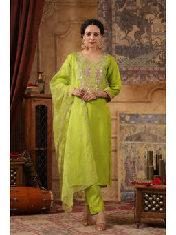 Scakhi - Green Embellished Kurta and Trouser with Dupatta (Set of 3)