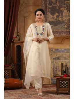 Scakhi - Ivory Embellished Kurta and Trouser with Dupatta (Set of 3)