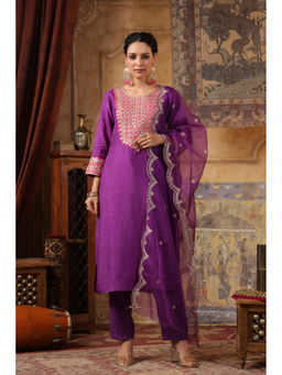 Scakhi - Purple Embellished Kurta and Trouser with Dupatta (Set of 3)