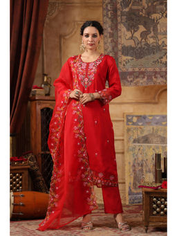 Scakhi - Red Embroidered Kurta and Trouser with Dupatta (Set of 3)