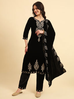 Yufta - Black Embroidered Kurta and Trouser with Dupatta (Set of 3)