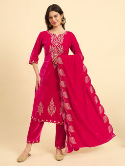 Yufta - Pink Embroidered Kurta and Trouser with Dupatta (Set of 3)