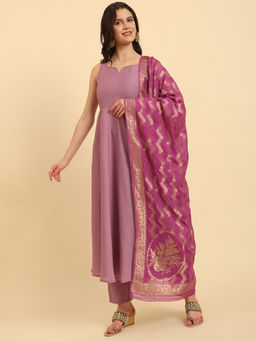 Yufta - Purple Solid Kurta and Trouser with Dupatta (Set of 3)