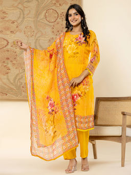 Yufta - Yellow Floral Kurta and Trouser with Dupatta (Set of 3)