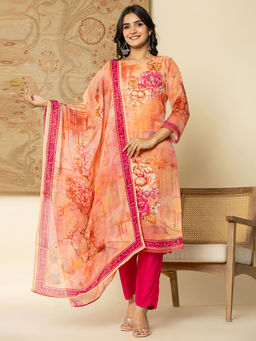 Yufta - Pink Floral Kurta and Trouser with Dupatta (Set of 3)