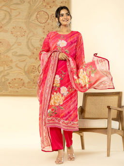 Yufta - Pink Floral Kurta and Trouser with Dupatta (Set of 3)