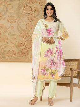 Yufta - Green Ombre Kurta and Trouser with Dupatta (Set of 3)
