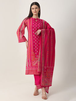 Yufta - Pink Printed Kurta and Trouser with Dupatta (Set of 3)