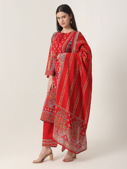 Yufta - Red Printed Kurta and Trouser with Dupatta (Set of 3)