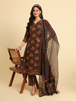 Yufta - Navy Blue Embellished Kurta and Trouser with Dupatta (Set of 3)