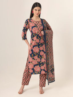 Yufta - Blue Floral Kurta and Trouser with Dupatta (Set of 3)